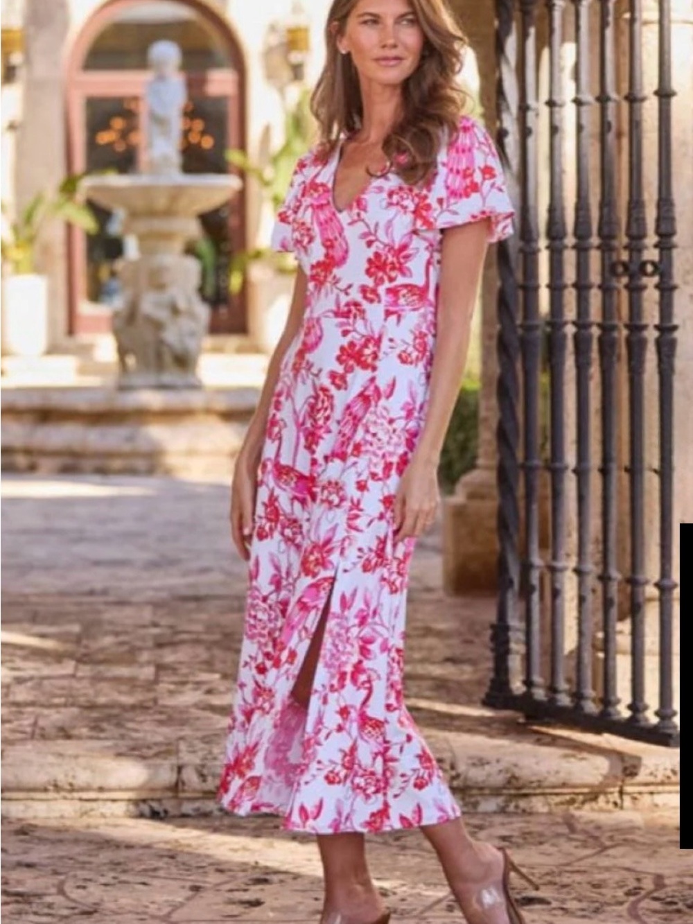 Jude Connally - Jodi Dress- Pink Floral V-Neck Maxi Dress with Front Slit